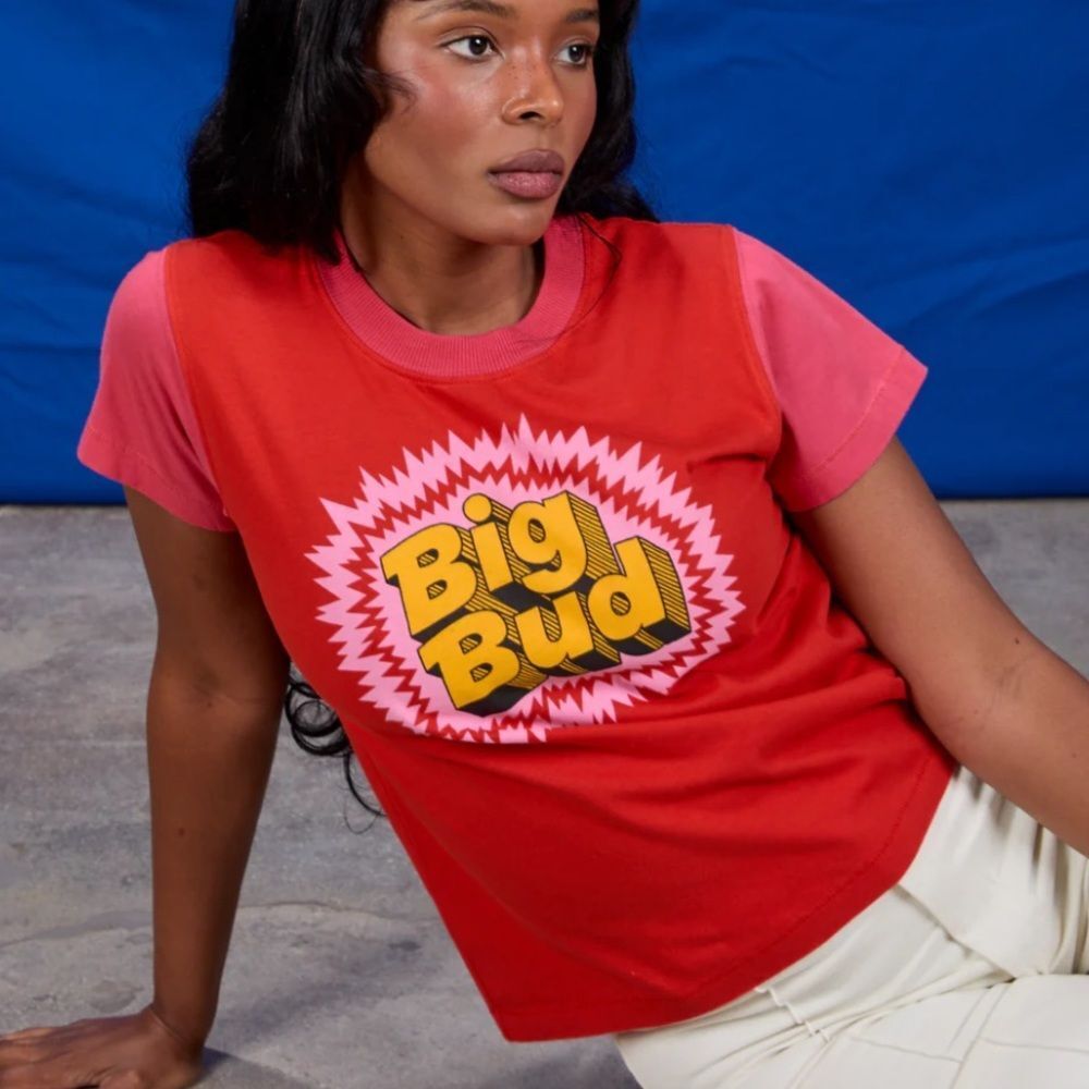 Big Bud Press Red Graphic Tee with Yellow Logo“big bud “XXS oversized